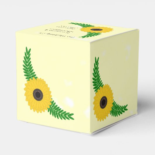 Geel gekleurde zonnebloem ontwerp bruiloft bedankdoosjes (Achterkant)