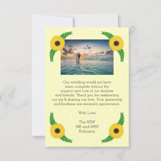 Geel gekleurde zonnebloem ontwerp bruiloft bedankkaart (Achterkant)