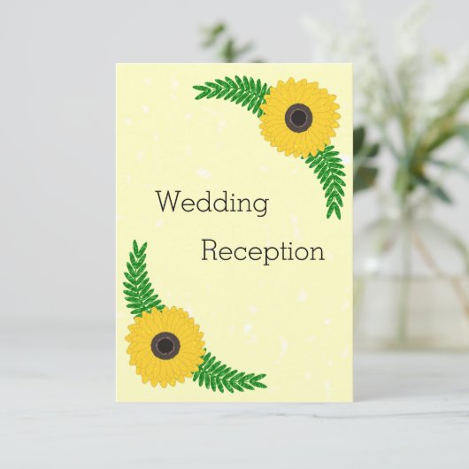 Geel gekleurde zonnebloem ontwerp bruiloft informatiekaartje (Staand voorkant)
