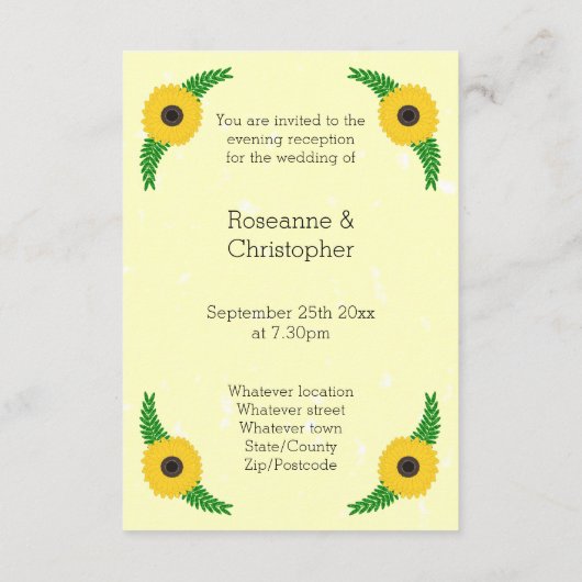 Geel gekleurde zonnebloem ontwerp bruiloft informatiekaartje (Achterkant)