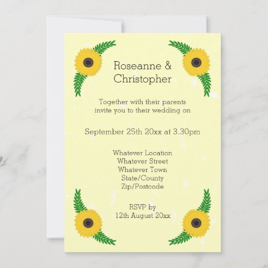 Geel gekleurde zonnebloem ontwerp bruiloft kaart (Achterkant)
