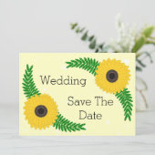 Geel gekleurde zonnebloem ontwerp bruiloft save the date (Staand voorkant)