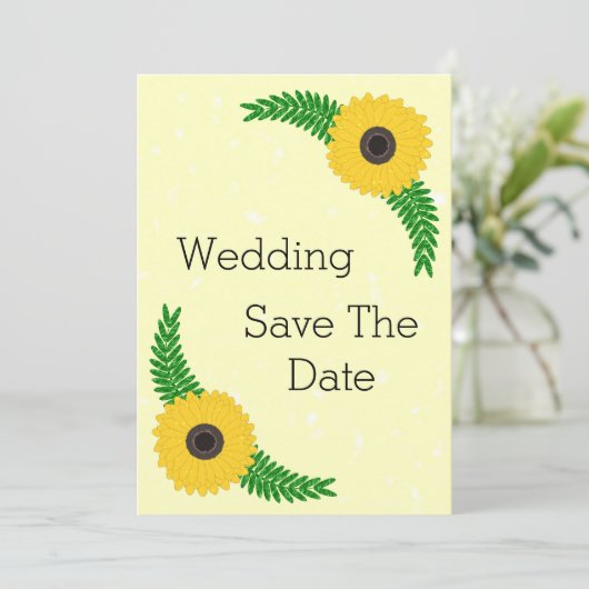 Geel gekleurde zonnebloem ontwerp bruiloft save the date (Staand voorkant)
