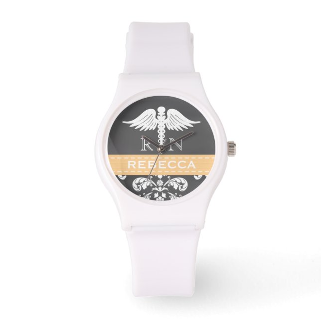 GEEL GEPERSONALISEERD VERPLEEGSTER RN CADUCEUS KRI HORLOGE (Voorkant)
