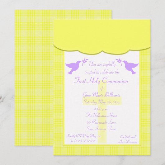 Geel geplakt eerste Heilige Communie uitnodiging (Voorkant / Achterkant)
