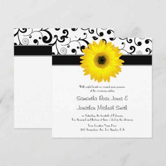 Geel Gerbera Daisy Black Scroll Design Wedding Kaart (Voorkant / Achterkant)
