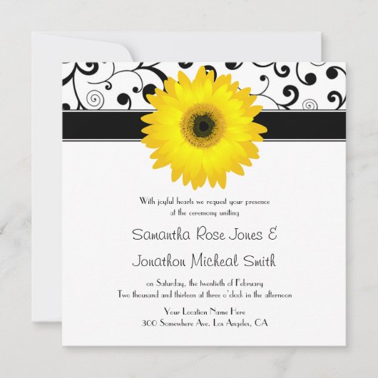 Geel Gerbera Daisy Black Scroll Design Wedding Kaart (Voorkant)