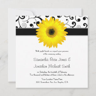 Geel Gerbera Daisy Black Scroll Design Wedding Kaart