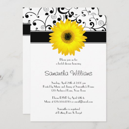 Geel Gerbera Daisy Black Scroll Vrijgezellenfeest Kaart (Voorkant / Achterkant)