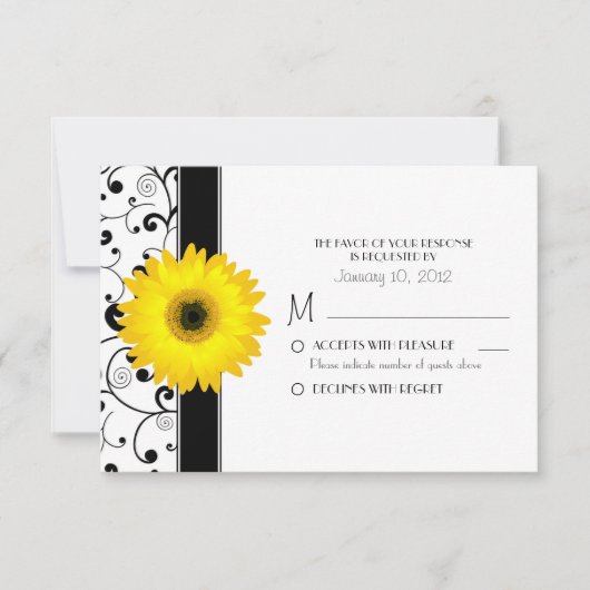Geel Gerbera Daisy met zwarte scrolldesign RSVP Kaartje (Voorkant)