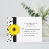 Geel Gerbera Daisy met zwarte scrolldesign RSVP Kaartje (Staand voorkant)
