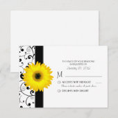 Geel Gerbera Daisy met zwarte scrolldesign RSVP Kaartje (Voorkant / Achterkant)