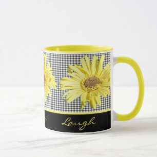 Geel Gerbera en Black Live, Love, Laugh Mok