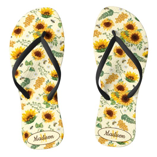 Geel geschilderd Zonnebloemen Bijen Patroon Monogr Teenslippers (Voetbed)