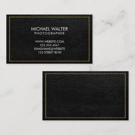 Geel gestikte zwarte lederen achtergrond visitekaartje (Voorkant / Achterkant)