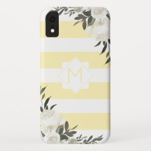 Geel gestreept bloemenmonogram met witte rozen Case-Mate iPhone case
