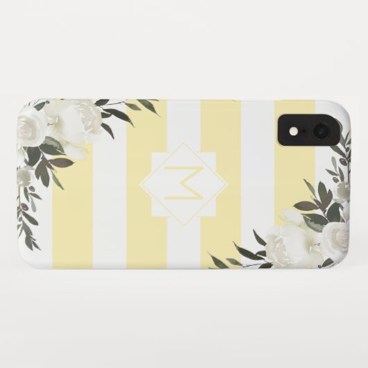 Geel gestreept bloemenmonogram met witte rozen Case-Mate iPhone case (Achterkant (horizontaal))