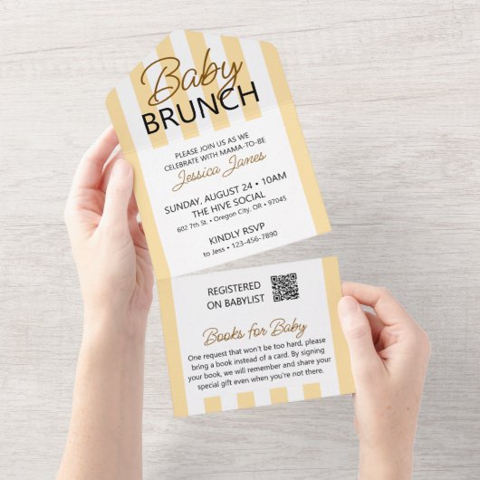 Geel Gestreepte Baby Brunch Uitnodigen met Boek Ka All In One Uitnodiging (Afscheurbaar)
