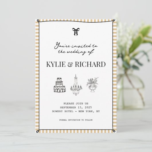 Geel gestreepte rand Opslaan van de datum uitnodig Kaart (Staand voorkant)