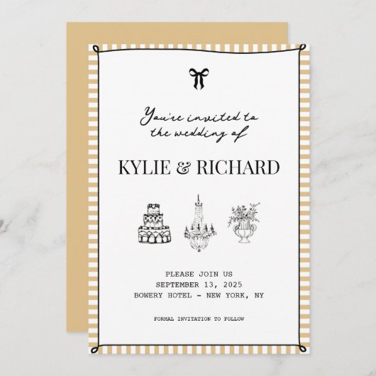 Geel gestreepte rand Opslaan van de datum uitnodig Kaart (Voorkant / Achterkant)