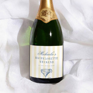 Geel Gestreepte Retro Chic Meisjesuitje Sparkling Wijnetiket