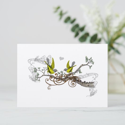 Geel Gevleugeld Grijs Tortelduifjes Bruiloft RSVP (Staand voorkant)