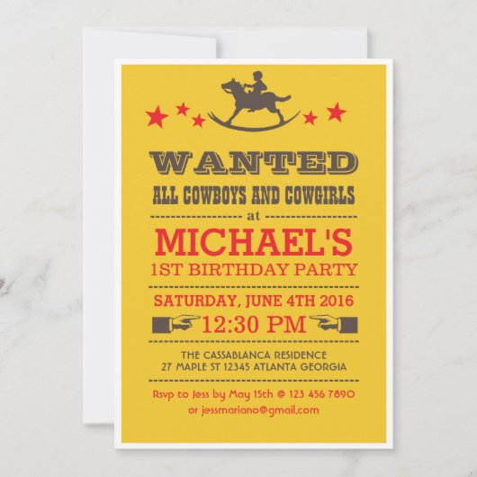 Geel Gezocht Western Cowboy Birthday Uitnodiging (Voorkant)