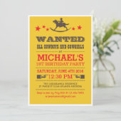 Geel Gezocht Western Cowboy Birthday Uitnodiging (Staand voorkant)