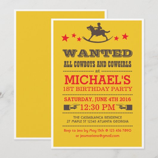 Geel Gezocht Western Cowboy Birthday Uitnodiging (Voorkant / Achterkant)