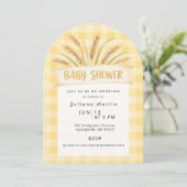 Geel Gingham Baby Shower Uitnodiging met Tarwe (Staand voorkant)
