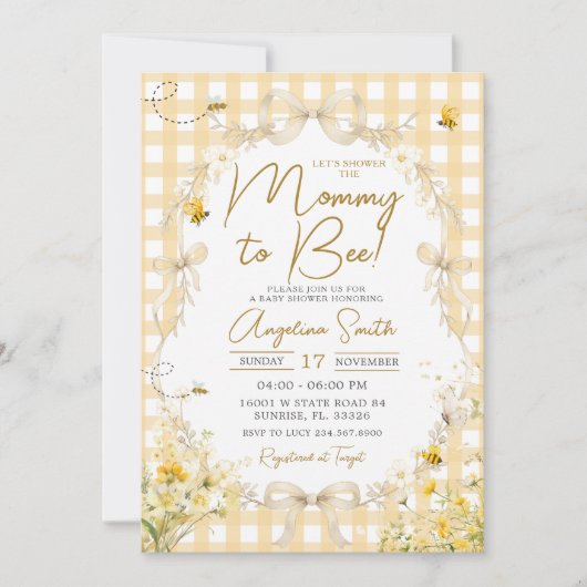 Geel Gingham Bij Uitnodiging voor Baby Shower (Voorkant)