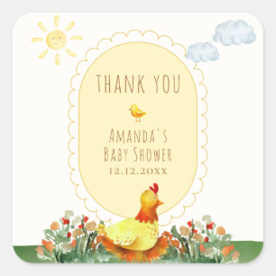 Geel Gingham Boerderij Kleine Kuiken Baby Shower Vierkante Sticker