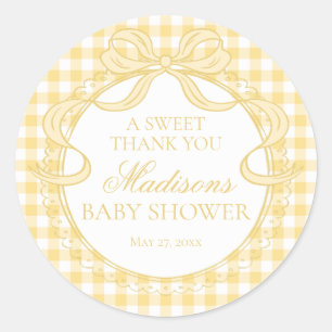 Geel Gingham Coquette Strik Baby Shower Favor Ronde Sticker