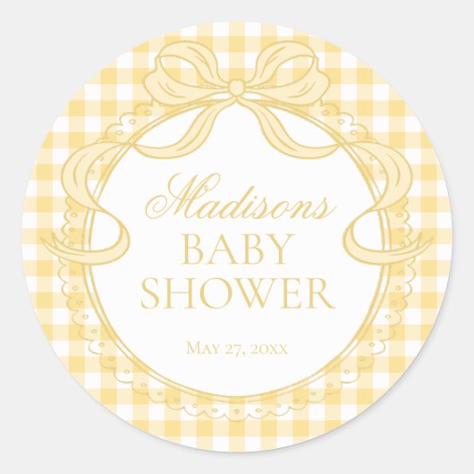 Geel Gingham Coquette Strik Baby Shower Sticker (Voorkant)