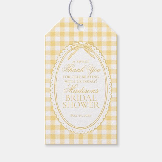 Geel Gingham Coquette Strik Bruidsdouche Favoren Cadeaulabel (Voorkant)