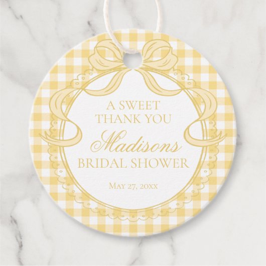 Geel Gingham Coquette Strik Bruidsmeisjesfeest Cir Bedankjes Labels (Voorkant)