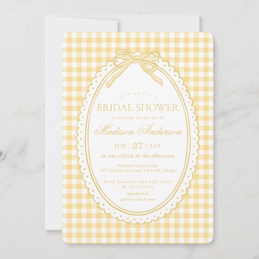 Geel Gingham Coquette Strik Bruidsmeisjesfeest Kaart (Voorkant)