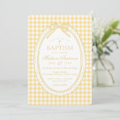 Geel Gingham Coquette Strik Doopfeestje Kaart (Staand voorkant)