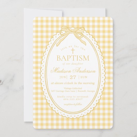 Geel Gingham Coquette Strik Doopfeestje Kaart (Voorkant)