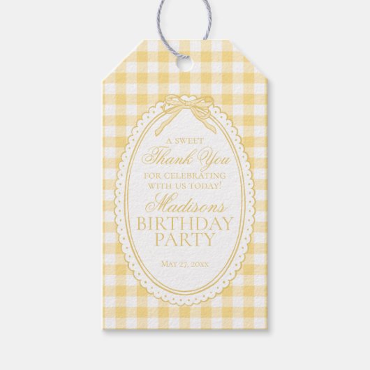 Geel Gingham Coquette Strik Verjaardagsfeest Favor Cadeaulabel (Voorkant)