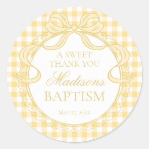 Geel Gingham Coquette Strikte Doop Favor Ronde Sticker