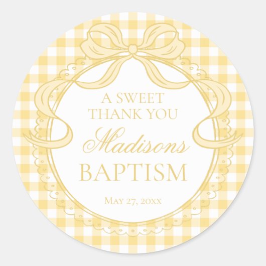 Geel Gingham Coquette Strikte Doop Favor Ronde Sticker (Voorkant)