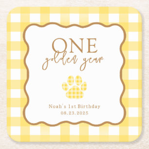 Geel Gingham Eén Gouden Jaar Eerste Verjaardag Kartonnen Onderzetters