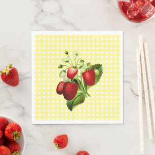 Geel gingham en aardbeien Lunch Paper Napkin Servet
