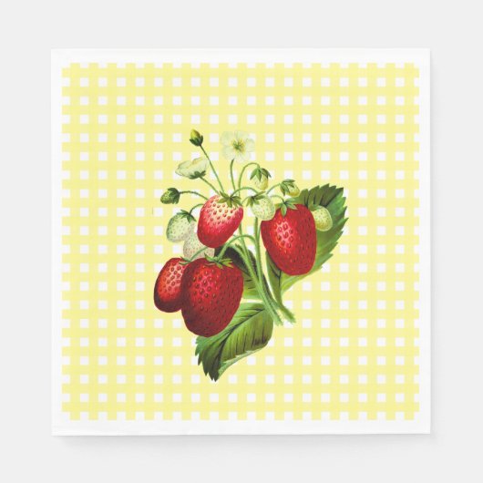 Geel gingham en aardbeien Lunch Paper Napkin Servet (Voorkant)
