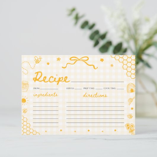 Geel Gingham Honey Bee Bruiloft Recept Kaart (Staand voorkant)