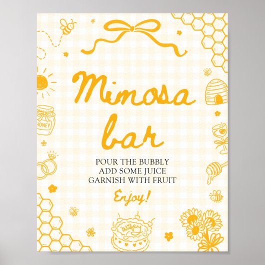 Geel Gingham Honing Bij Mimosa Bar Bord Poster (Voorkant)