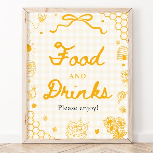 Geel Gingham Honing Bij Voedsel en Dranken Bord Poster