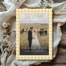 Geel Gingham Monogram Crest 2 Foto Bedankkaart