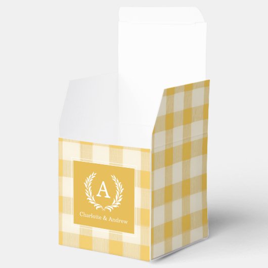 Geel Gingham Monogram Crest Bedankdoosjes (Geopend)